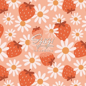 Strawberry Seamless Pattern Groovy Summer Seamless Daisy Seamless Spring Floral Strawberries Daisies Strawberry Seamless File Hand Drawn