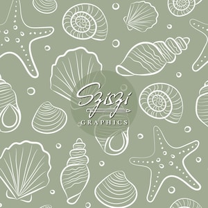 Sea Shells Seamless Pattern Beach Seamless File Boho Summer Seamless Ocean Seamless Starfish Seashell Marine Coastal Seamless, Sage Green