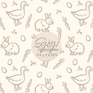 May include: A repeating pattern with brown line drawings of ducks, rabbits, carrots, eggs, and grass on a cream background. The design includes the text "Szizi Graphics" in a circular logo.
