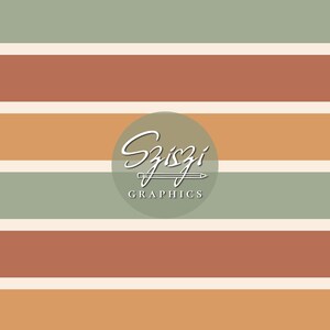 Könnte beinhalten: Ein nahtloses Muster mit horizontalen Streifen in Grün-, Orange- und Brauntönen, getrennt durch dünne weiße Linien. Das Design beinhaltet ein rundes Logo mit dem Text "Sziszi GRAPHICS" in handschriftlicher Schrift.