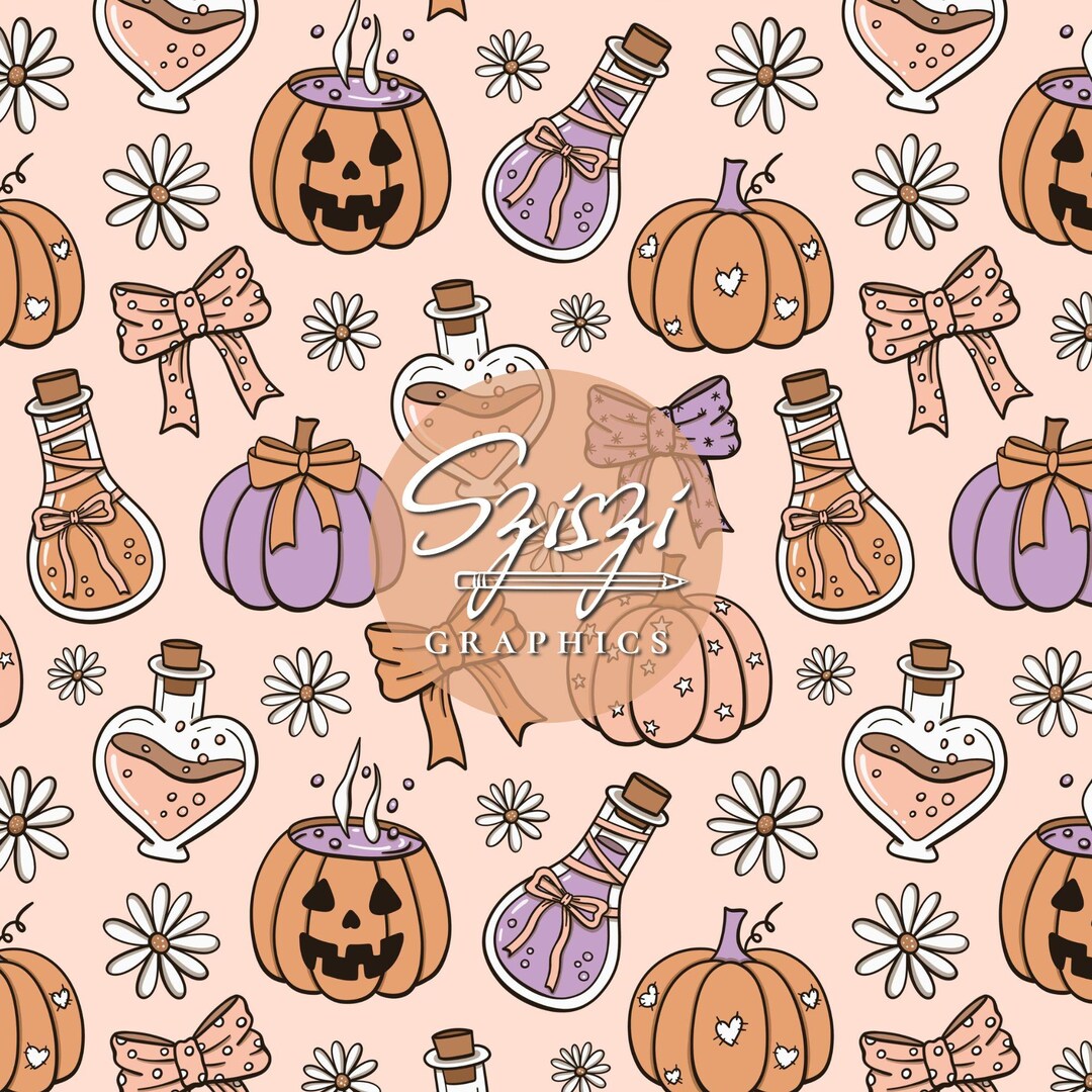 Coquette Halloween Seamless Pattern, Witchy Girly Pumpkins Bows Flowers ...