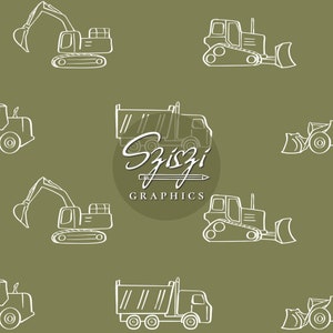 Può includere: Uno sfondo verde con contorni bianchi di veicoli da costruzione, tra cui un camion ribaltabile, un escavatore, un bulldozer e un logo che dice "Sziszzi Graphics".