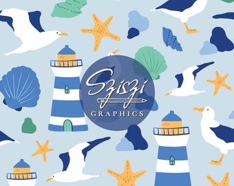 Blue Boy Summer Seamless Pattern Baby Kids Coastal Seamless File Beach Lighthouse, Hand Drawn