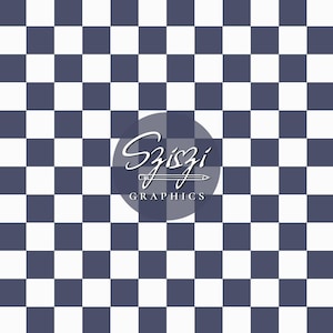 May include: A repeating pattern of dark navy blue and white squares. Centered in the image is a circular overlay containing the white cursive text Sziszi with a pencil graphic underneath and the word GRAPHICS printed in white capital letters.