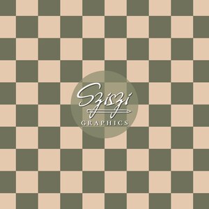Könnte beinhalten: Digital erstelltes Schachbrettmuster in Olivgrün und Beige. Das Design zeigt ein sich wiederholendes Raster aus Quadraten. Ein kreisförmiges Logo mit dem Text "Sziszi Graphics" ist mittig auf dem Bild platziert.