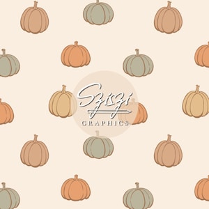 May include: A repeating pattern of pumpkins in muted orange and sage green colours on a light cream background. The pumpkins are illustrated with simple outlines. A circular logo in the centre displays the text Syzygy GRAPHICS with a pencil icon.