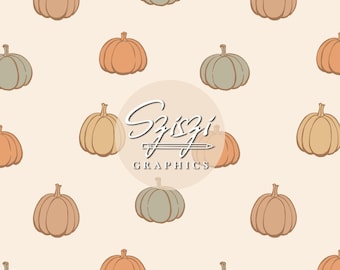 May include: A repeating pattern of pumpkins in muted orange and sage green colors on a light cream background. The pumpkins are illustrated with simple outlines. A circular logo in the center displays the text Syzygy GRAPHICS with a pencil icon.
