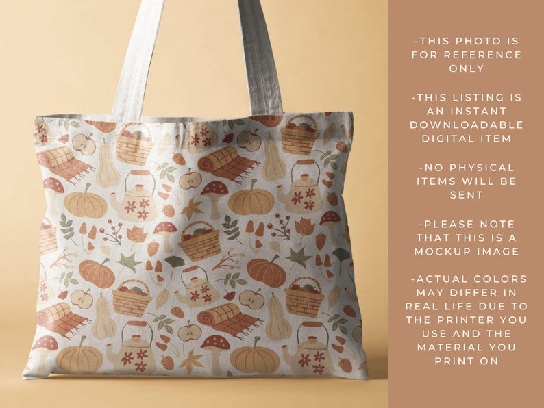 May include: A white tote bag with a fall-themed pattern featuring pumpkins, gourds, leaves, mushrooms, and teapots. The pattern is in shades of orange, brown, and green.