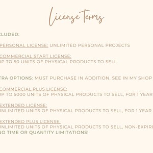 May include: Cream-colored document with the words "License Terms" in a handwritten style. The text outlines different license options, including personal, commercial start, commercial plus, extended, and extended plus licenses, detailing usage rights.