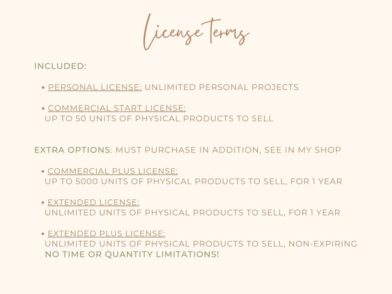 May include: Cream-colored document with the words "License Terms" in a handwritten style. The text outlines different license options, including personal, commercial start, commercial plus, extended, and extended plus licenses, detailing usage rights.