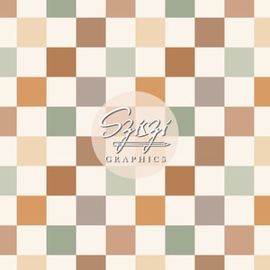 Puede incluir: Un patrón sin costuras con un diseño de tablero de ajedrez. Los cuadrados son en tonos apagados de beige, marrón, verde y gris. El diseño incluye el texto "Szizi Graphics" en un logotipo circular.