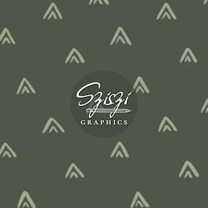May include: A dark olive green background featuring a repeating pattern of light green hand-drawn chevron shapes. In the center, a circular logo displays the white text Sziszi Graphics with a stylized pencil icon underneath the word Sziszi.