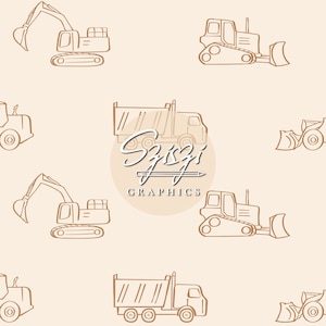 Puede incluir: Un patrón sin costuras que presenta dibujos de línea marrones de vehículos de construcción sobre un fondo beige claro. Los vehículos incluyen una excavadora, un camión volquete, una excavadora y una pala cargadora. El patrón se repite en toda la imagen. El texto "Sziszi Graphics" también está incluido en el patrón.