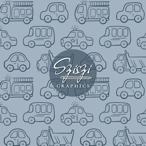 May include: A repeating pattern of dark blue line-art vehicles including fire trucks, police cars, and dump trucks on a light blue background. A circular logo in the center features the white cursive text Sziszi with a pencil icon and GRAPHICS.