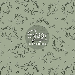 May include: A repeating pattern of cartoon stegosaurus dinosaurs in a dark grey colour on a muted green background. The design includes small, dark grey circles. The text "Sziszi Graphics" is in a circle in the centre.