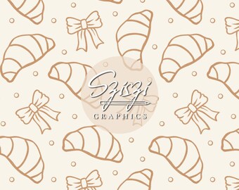 Hand Drawn Bow Croissant Seamless Pattern Neutral Coquette Food Seamless File Baking Bakery Outline