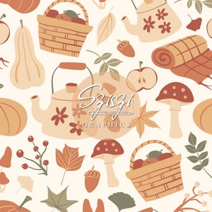 May include: A seamless pattern featuring autumnal elements in warm orange, brown, and green tones. The pattern includes pumpkins, gourds, apples, mushrooms, leaves, acorns, a teapot, a basket of apples, and a plaid blanket.
