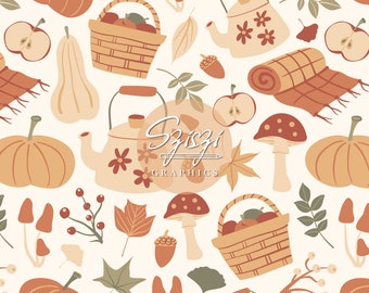 &quot;Herbst Musterdesign &quot;&quot;Apfel pflücken&quot;&quot; nahtlose Datei Cottage Core nahtlose Picknick niedlich Cottagecore Wald Wald nahtlos Hand gezeichnet.&quot;