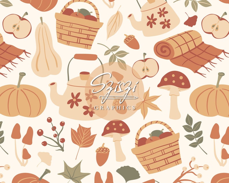 May include: A seamless pattern featuring autumnal elements in warm orange, brown, and green tones. The pattern includes pumpkins, gourds, apples, mushrooms, leaves, acorns, a teapot, a basket of apples, and a plaid blanket.