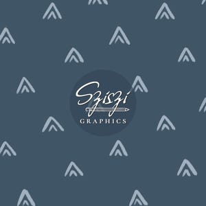May include: A dark blue background with a white graphic pattern of repeating triangles. The center of the image features a white circle with the text "Szez Graphics" and a pencil icon.