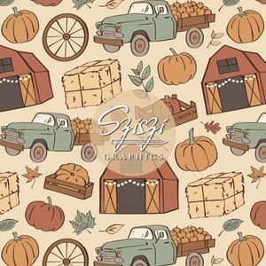 May include: A seamless pattern featuring a vintage green truck filled with pumpkins, a red barn with string lights, hay bales, pumpkins, and wagon wheels. The pattern is on a light beige background.