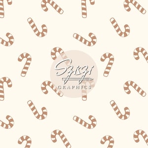 May include: A repeating pattern of brown and white candy canes on a cream background. The candy canes are curved and have a striped design. The image also includes the text "Szizi Graphics" in a circular logo.