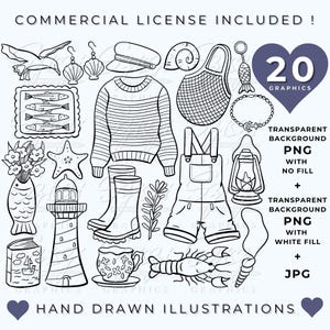 Conjunto de imágenes prediseñadas estéticas de pescador, chica costera, arte lineal, chica, verano, contorno, imágenes prediseñadas náuticas, ilustración, imágenes PNG, uso comercial, dibujadas a mano