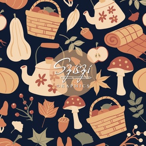 May include: A repeating pattern with autumnal motifs, including pumpkins, apples, mushrooms, leaves, and baskets, set against a dark blue backdrop. The design incorporates teapots and a rolled blanket, evoking a cosy, seasonal atmosphere.