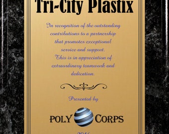 May include: A black and gold plaque with the text "Tri-City Plastix" and "Presented by POLY CORPS 2016". The plaque is a recognition award for outstanding contributions to a partnership.
