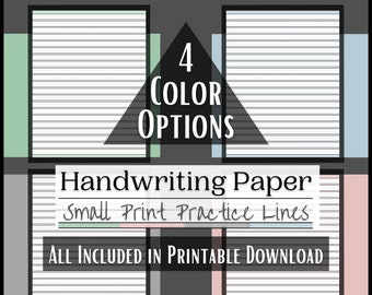 May include: Four printable handwriting paper templates with small print practice lines. The templates are shown in four different colours: green, blue, pink, and light blue. The text "Support your maturing writer" and "4 COLOR OPTIONS" is at the top of the image. The text "Handwriting Paper" and "Small Print Practice Lines" is in the centre of the image. The text "All Included in Printable Download" is at the bottom of the image.