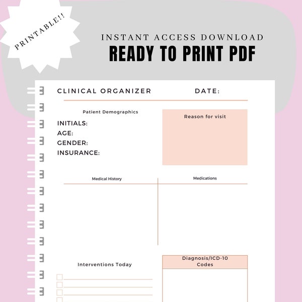 Organisateur clinique d'infirmière praticienne, Cerveau clinique imprimable au format PDF, Modèle de rapport de patient, Organisation clinique d'IP