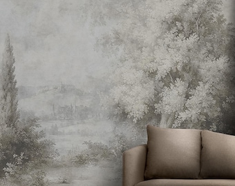 Neutral, beige-gray landscape mural. Peel & stick or regular textured wallpaper. Trees, stylized on old graphics elegant wall art.