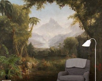 Landscape Wall Mural. Removable Botanical wallpaper with palms, tropical plants. Peel and Stick or regular vinyl wall decor. Garden of Eden.