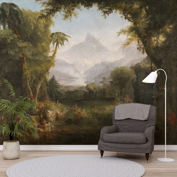 Landscape Wall Mural. Removable Botanical wallpaper with palms, tropical plants. Peel and Stick or regular vinyl wall decor. Garden of Eden.