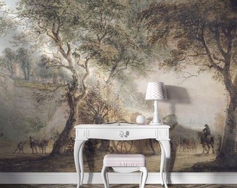 Rural wallpaper Peel and Stick wall mural. Watercolor Scenic landscape wall decor. Self Adhesive or regular vinyl. Trees wallpaper.