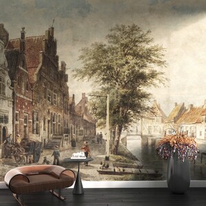 Vintage landscape wall mural. Watercolor painting wallpaper. Peel and Stick, Removable, Self Adhesive or regular vinyl. Town wallpaper.