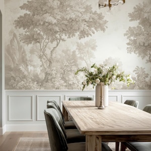 Neutrale Kalkstein Beige Tapete Wandbild – Weiche neblige botanische Landschaft, abziehen und aufkleben, Sondergröße für Schlafzimmer, Wohnzimmer, Esszimmer