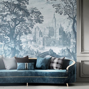 Elegant scenic mural, landscape wallpaper Peel and Stick. Vintage painted wallpaper. Blue, Grey Removable or Regular Vinyl wall decor.