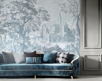 Elegant scenic mural, landscape wallpaper Peel and Stick. Vintage painted wallpaper. Blue, Grey Removable or Regular Vinyl wall decor.