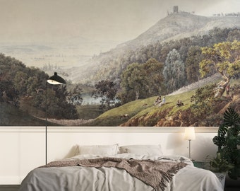 Landscape Wallpaper. Watercolor Peel and Stick wall mural. Scenic wall decor. Self Adhesive or regular vinyl. Idyllic valley.