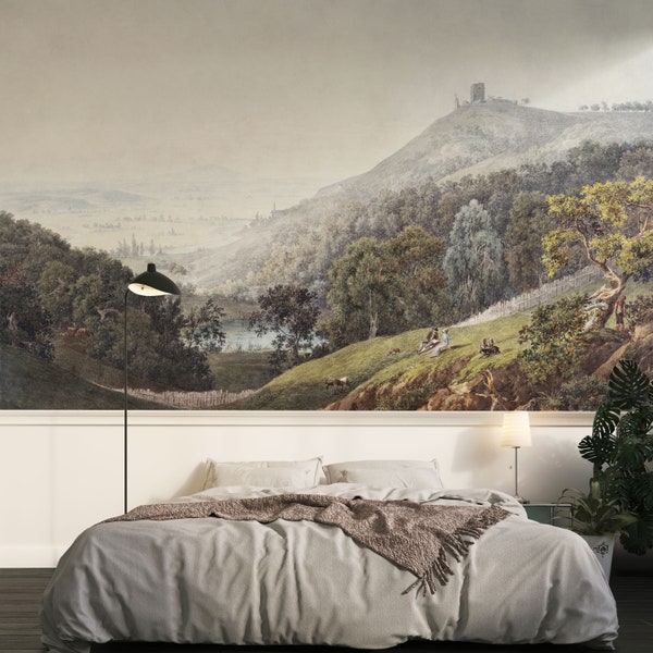 Landscape Wallpaper. Watercolor Peel and Stick wall mural. Scenic wall decor. Self Adhesive or regular vinyl. Idyllic valley.