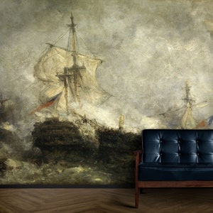 Nautical Sea Battle Wallpaper Mural: Dark Moody Ship Decor (Peel and Stick or Vinyl)