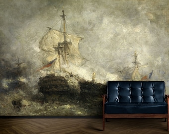 May include: A vintage painting depicting three ships sailing on a stormy sea. The ships are white with brown sails and are surrounded by white clouds and a dark blue sea. The painting is framed in a dark brown frame.