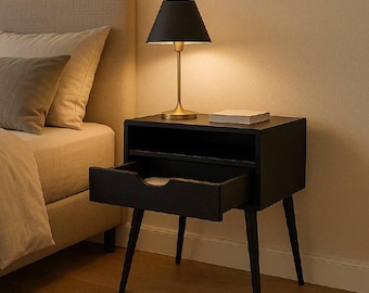 Mesita de noche de madera hecha a mano – Mesita de noche moderna con cajón