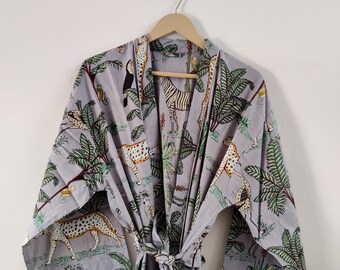 Cotton Grey-Coloured Safari Screen Printed Kimono Robe's .