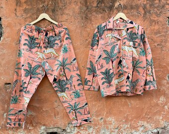 Pijama unisex de algodón con estampado de safari, dos piezas