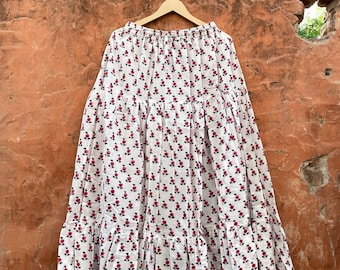 Cotton Floral White-Coloured Hand-Block Printed Summer Skirt .