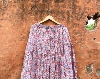Cotton Floral Pink-Coloured Hand screen-Printed Summer Skirt . handmade maxi skirt, party wear, loungewear, cozy summer wear,