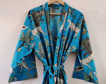 Cotton Blue-Coloured Safari Screen Printed Kimono Robe's .