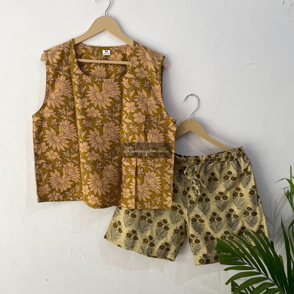 Cotton Mustard-Beige Coloured Screen Print Co-ord set , Summer Top and Shorts Set for Women's , Women's Cotton Comfy Daywear Attire .